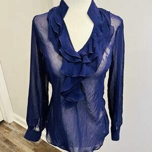 New York & Company 4 Long Sleeve Ruffled Collar Chiffon Layered Blouse.
